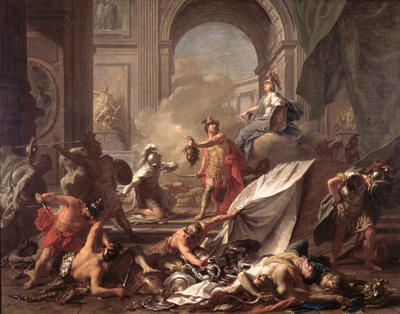 Perseu, sob a proteção de Minerva, transforma Phineus em pedra brandindo a cabeça da Medusa de Jean Marc Nattier
